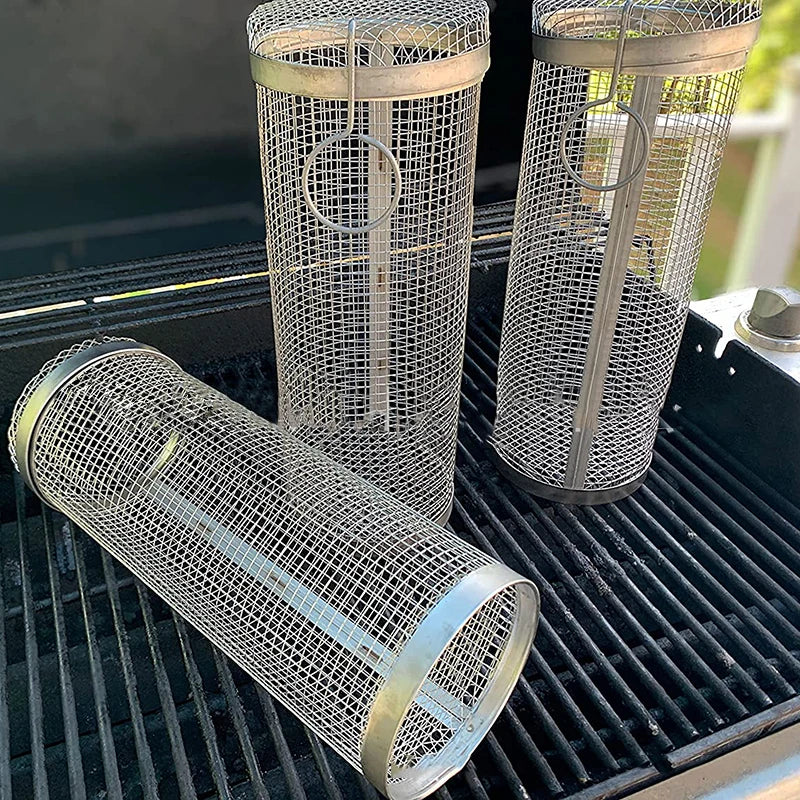 Drehbarer Edelstahl Grillkorb – Rollender BBQ-Grillkorb für Gemüse, Fleisch & mehr | Ideal für Camping & Outdoor