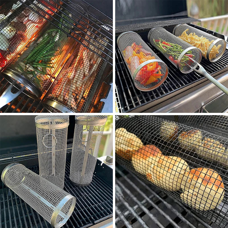 Drehbarer Edelstahl Grillkorb – Rollender BBQ-Grillkorb für Gemüse, Fleisch & mehr | Ideal für Camping & Outdoor