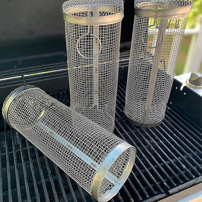 Drehbarer Edelstahl Grillkorb – Rollender BBQ-Grillkorb für Gemüse, Fleisch & mehr | Ideal für Camping & Outdoor