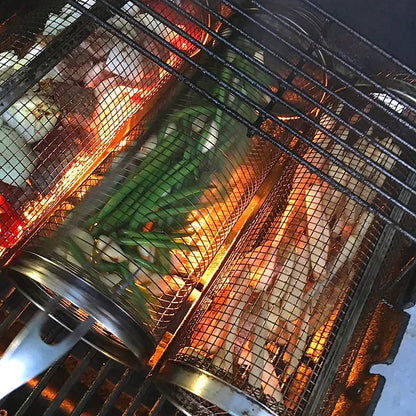 Drehbarer Edelstahl Grillkorb – Rollender BBQ-Grillkorb für Gemüse, Fleisch & mehr | Ideal für Camping & Outdoor