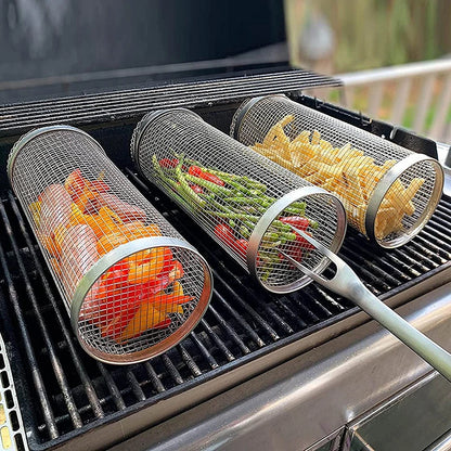 Drehbarer Edelstahl Grillkorb – Rollender BBQ-Grillkorb für Gemüse, Fleisch & mehr | Ideal für Camping & Outdoor