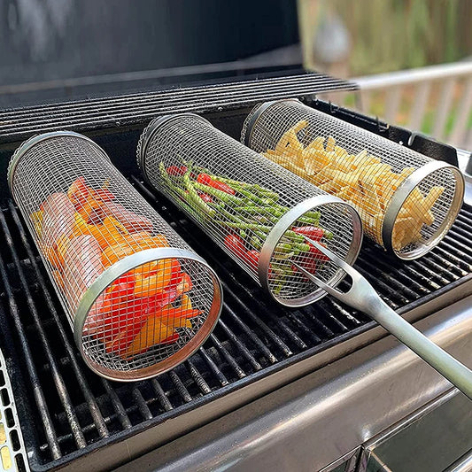Drehbarer Edelstahl Grillkorb – Rollender BBQ-Grillkorb für Gemüse, Fleisch & mehr | Ideal für Camping & Outdoor